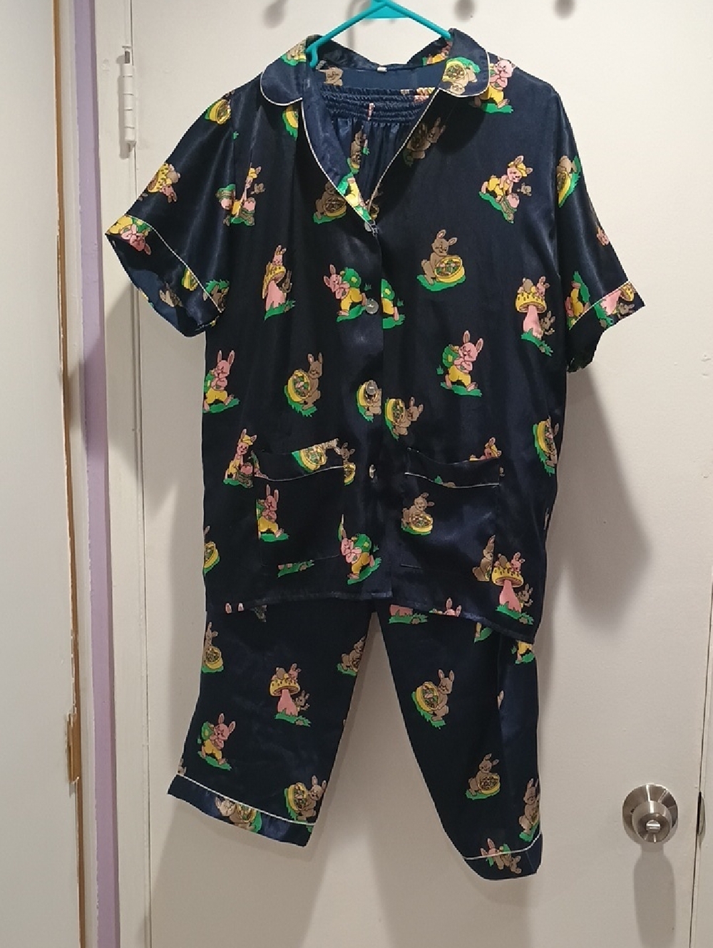 Women Navy Bunny Easter Print Satin Pajama Set